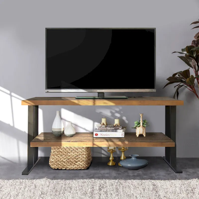 Media Console Table with one shelf to your Home decor, Natural Reclaimed wood and black finish