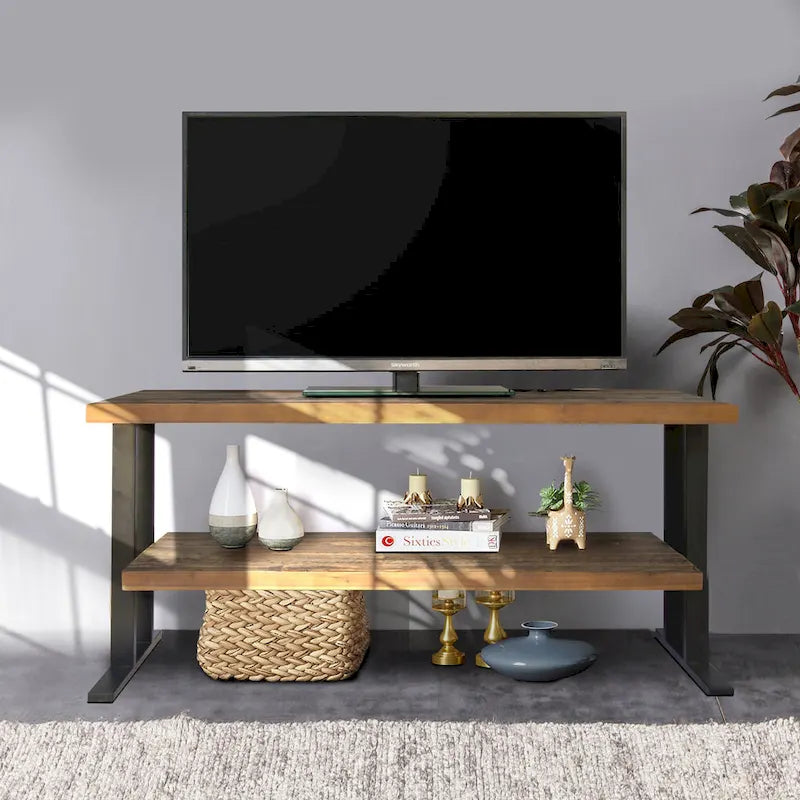 Media Console Table with one shelf to your Home decor, Natural Reclaimed wood and black finish