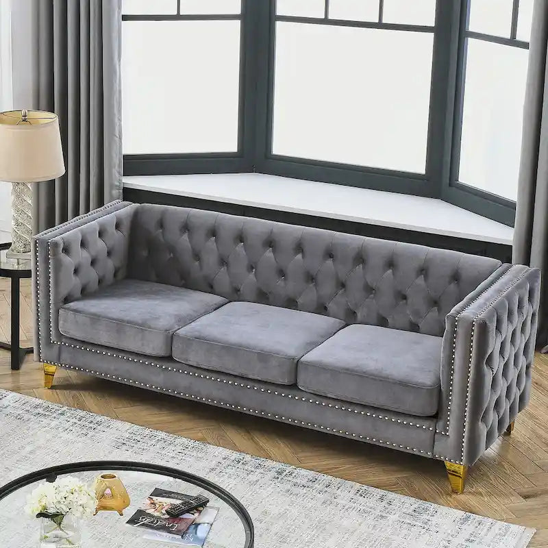 Gray 80.5  Velvet Tufted 3-Seater Sofa with Nailhead Decoration