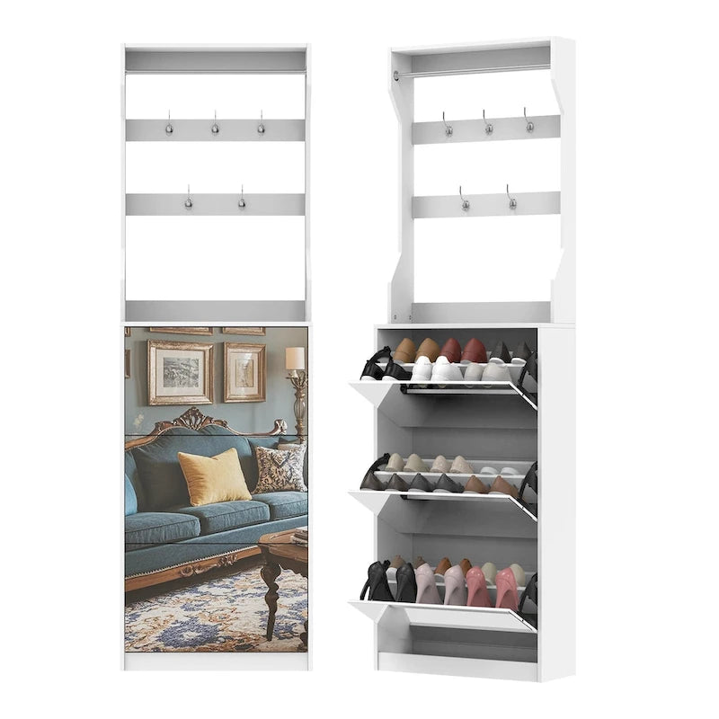 Mirror Shoe Cabinet With 3 Flip-Tier Drawers,Shoe Rack Organizer Store Ample Shoes,Hooks&Hangers For Organizing Clothes And Hats