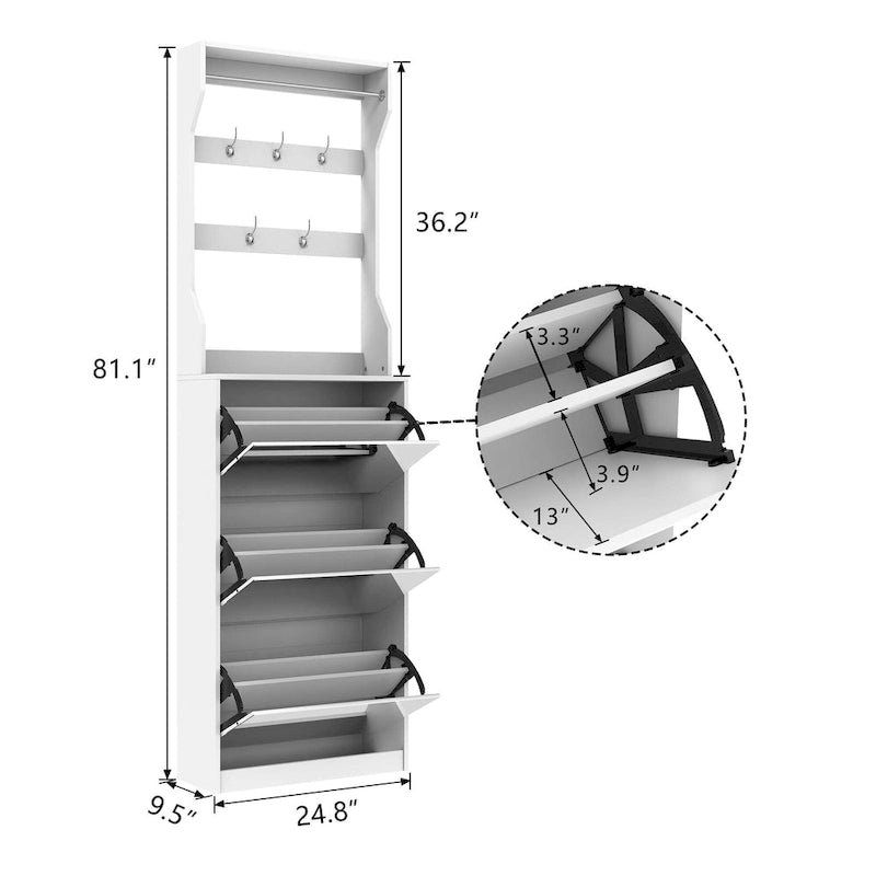 Mirror Shoe Cabinet With 3 Flip-Tier Drawers,Shoe Rack Organizer Store Ample Shoes,Hooks&Hangers For Organizing Clothes And Hats