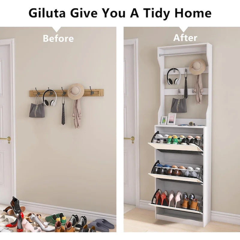 Mirror Shoe Cabinet With 3 Flip-Tier Drawers,Shoe Rack Organizer Store Ample Shoes,Hooks&Hangers For Organizing Clothes And Hats