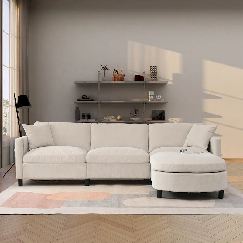Beige 107.87  Spacious 4 Seater Sectional Sofa with Movable Ottoman, Removable Cushions, and Convenient Armrest Storage