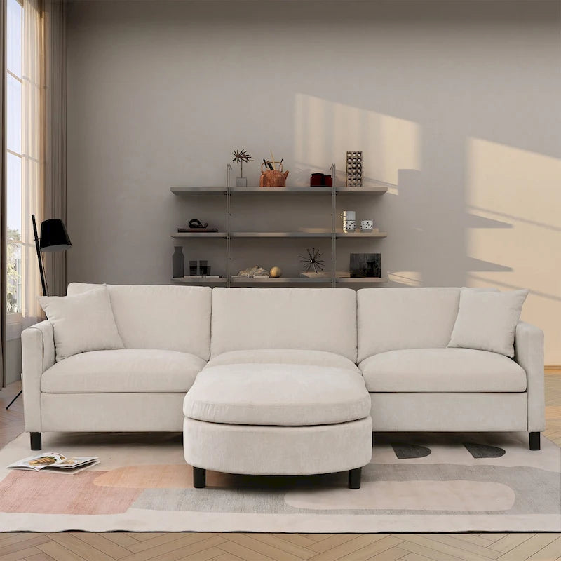 Beige 107.87  Spacious 4 Seater Sectional Sofa with Movable Ottoman, Removable Cushions, and Convenient Armrest Storage