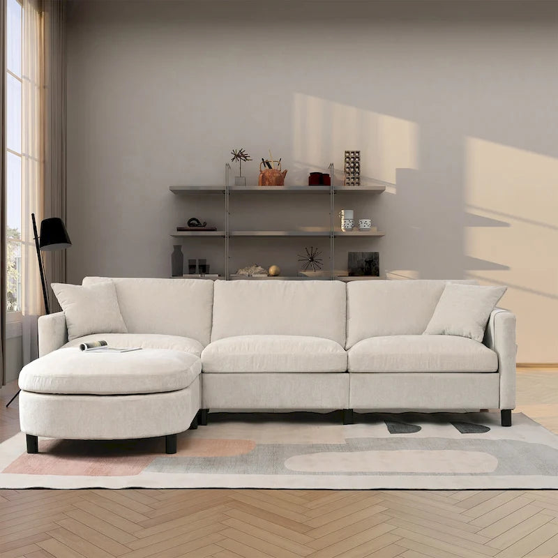 Beige 107.87  Spacious 4 Seater Sectional Sofa with Movable Ottoman, Removable Cushions, and Convenient Armrest Storage