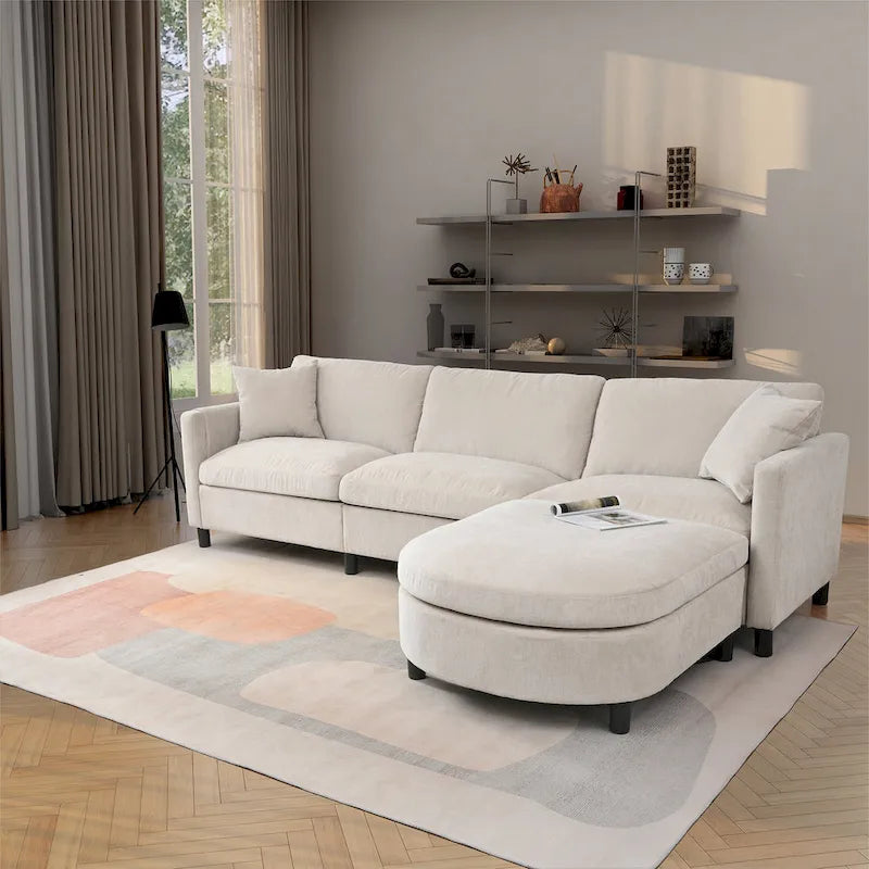 Beige 107.87  Spacious 4 Seater Sectional Sofa with Movable Ottoman, Removable Cushions, and Convenient Armrest Storage