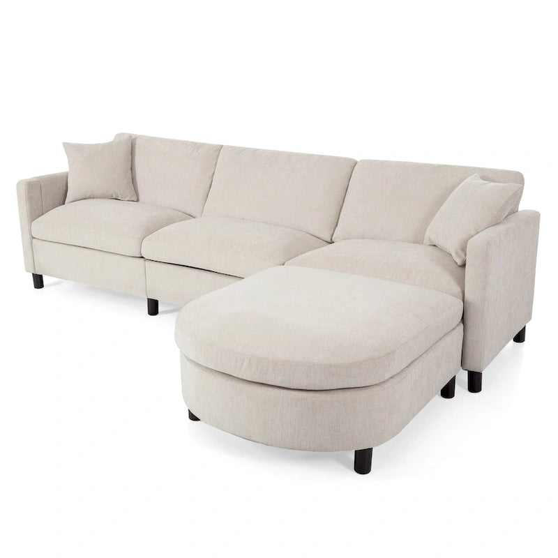Beige 107.87  Spacious 4 Seater Sectional Sofa with Movable Ottoman, Removable Cushions, and Convenient Armrest Storage