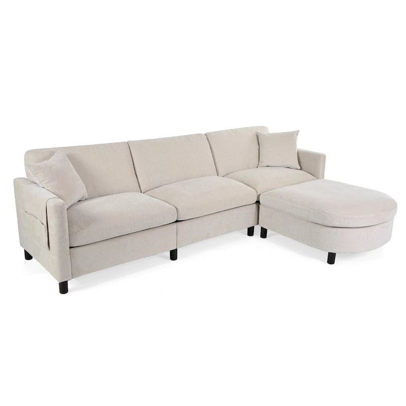 Beige 107.87  Spacious 4 Seater Sectional Sofa with Movable Ottoman, Removable Cushions, and Convenient Armrest Storage