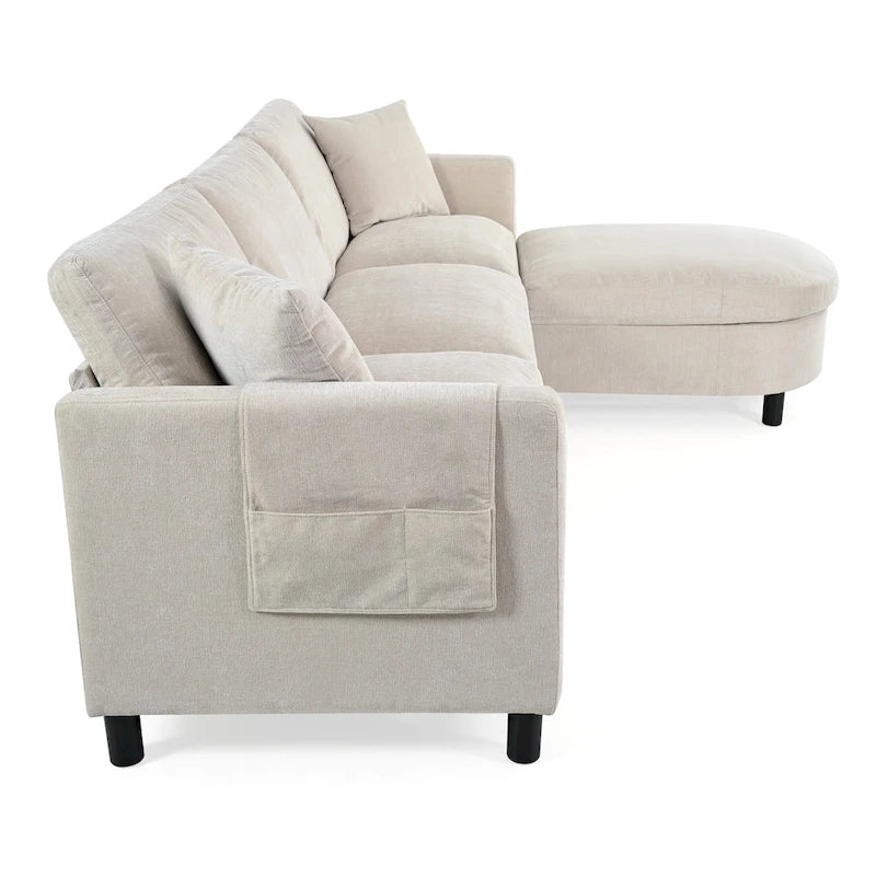 Beige 107.87  Spacious 4 Seater Sectional Sofa with Movable Ottoman, Removable Cushions, and Convenient Armrest Storage