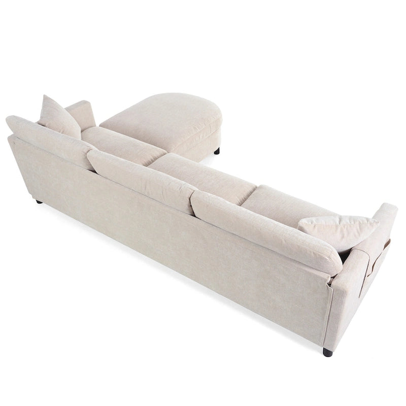 Beige 107.87  Spacious 4 Seater Sectional Sofa with Movable Ottoman, Removable Cushions, and Convenient Armrest Storage
