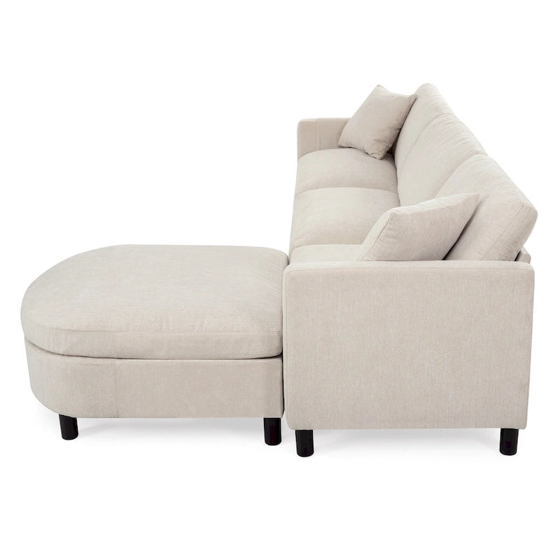 Beige 107.87  Spacious 4 Seater Sectional Sofa with Movable Ottoman, Removable Cushions, and Convenient Armrest Storage