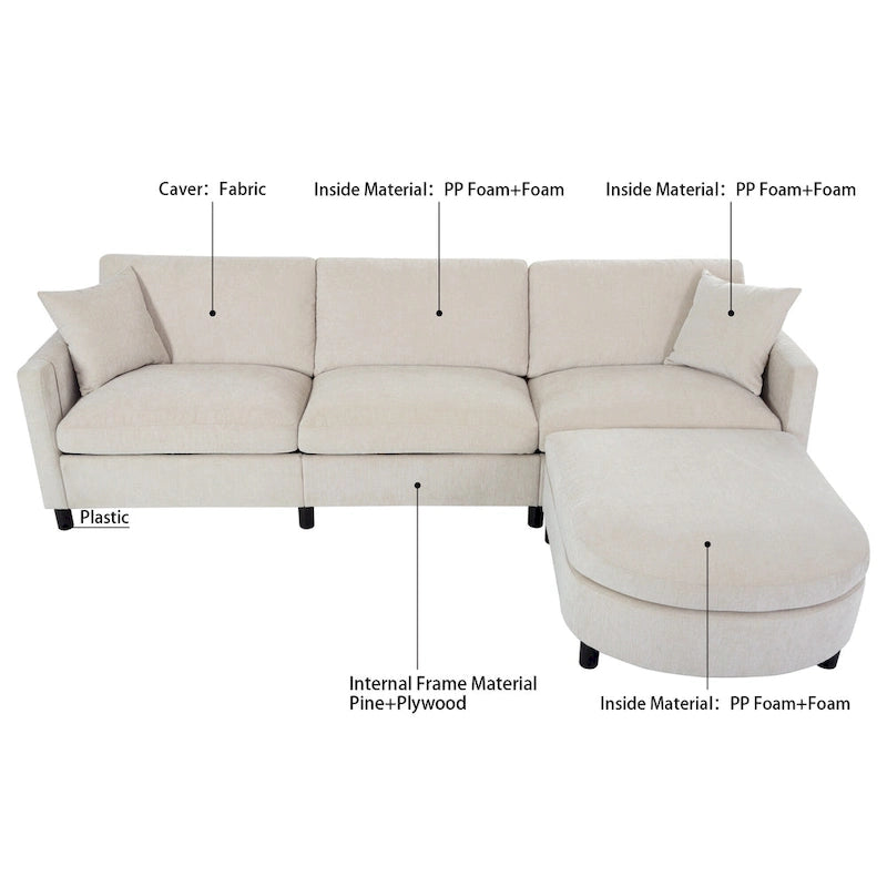 Beige 107.87  Spacious 4 Seater Sectional Sofa with Movable Ottoman, Removable Cushions, and Convenient Armrest Storage