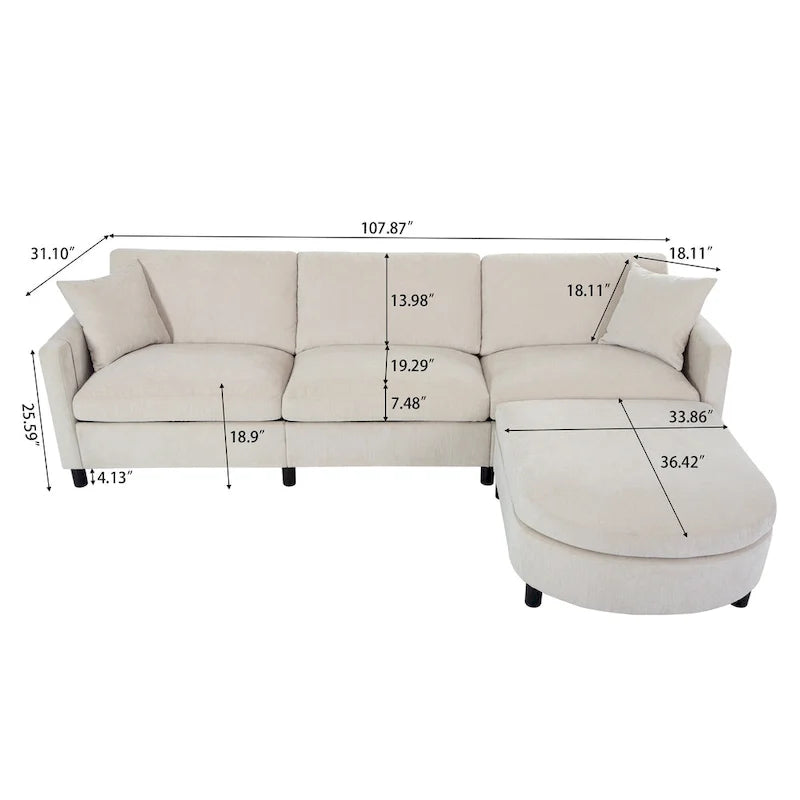 Beige 107.87  Spacious 4 Seater Sectional Sofa with Movable Ottoman, Removable Cushions, and Convenient Armrest Storage