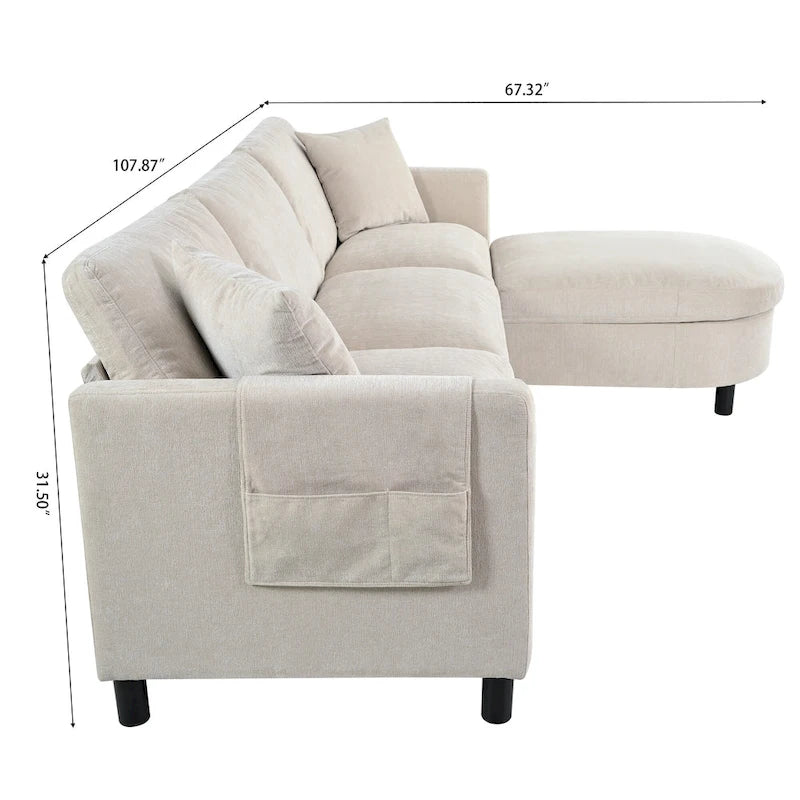 Beige 107.87  Spacious 4 Seater Sectional Sofa with Movable Ottoman, Removable Cushions, and Convenient Armrest Storage