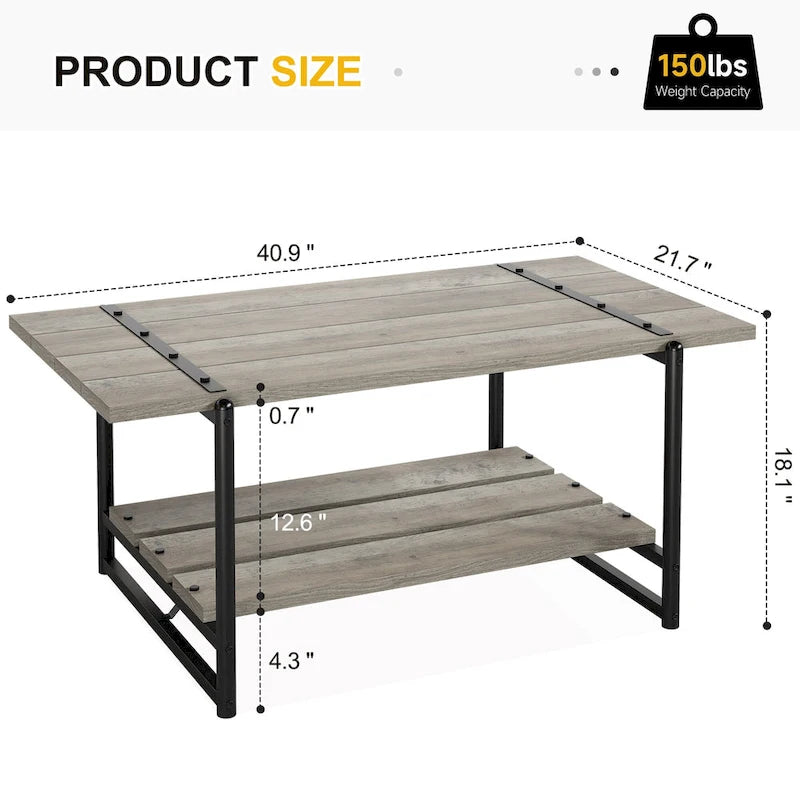 41  Large 2-Tier Industrial Wood Coffee Table with Storage Shelf