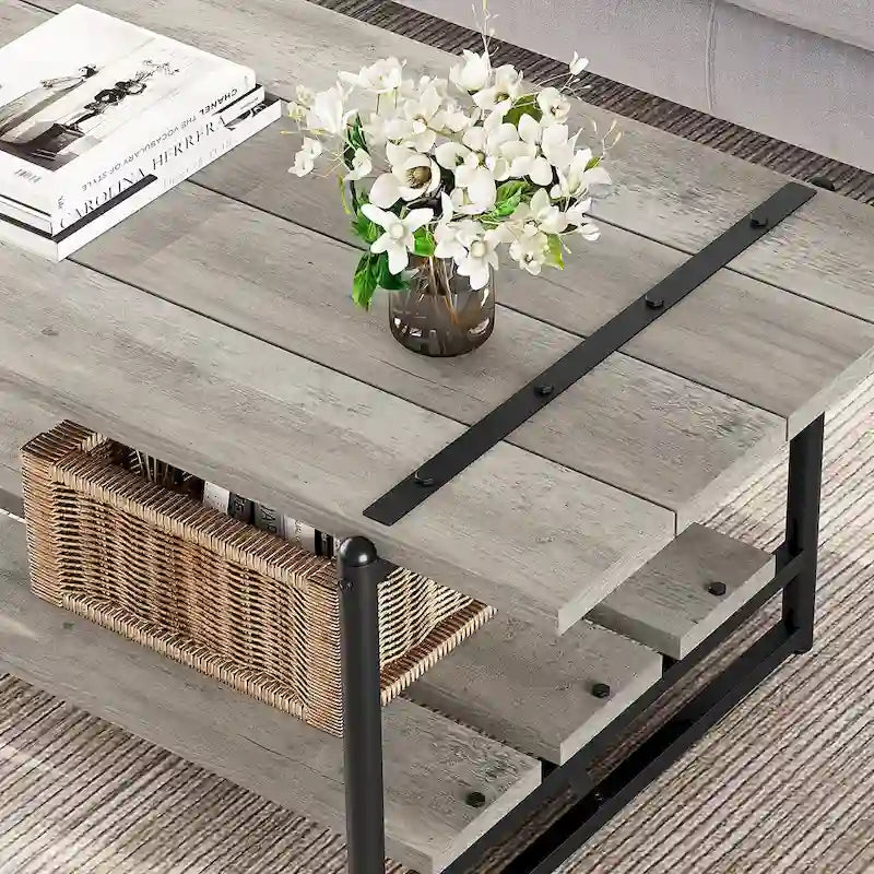 41  Large 2-Tier Industrial Wood Coffee Table with Storage Shelf