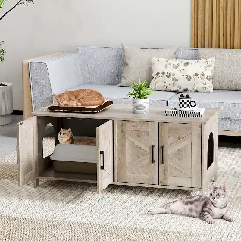 Gymax Cat Litter Box Enclosure for 2 Cats w/ Double Rooms Wooden Cat