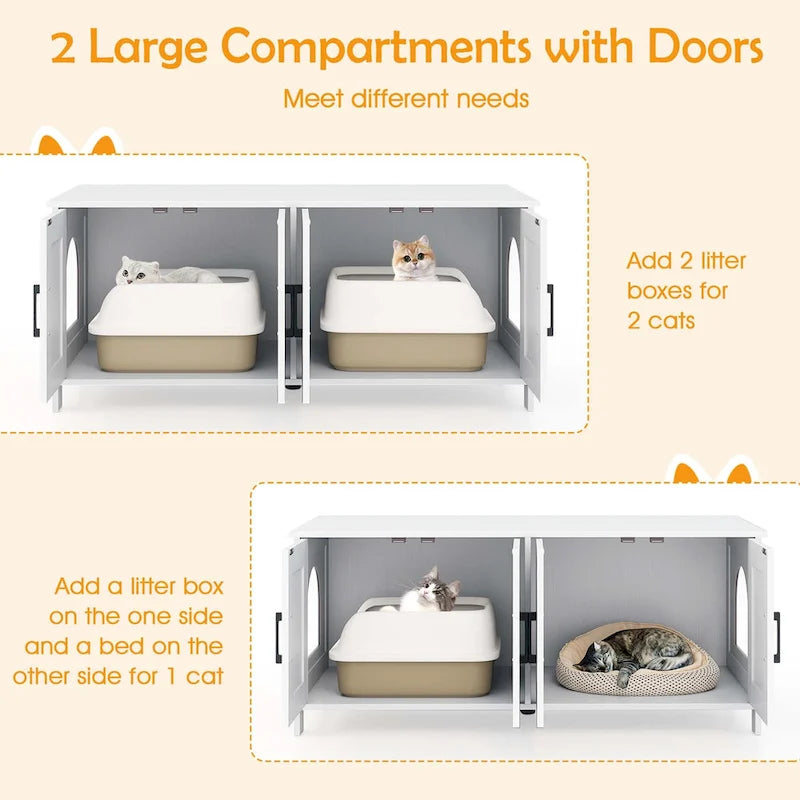Gymax Cat Litter Box Enclosure for 2 Cats w/ Double Rooms Wooden Cat