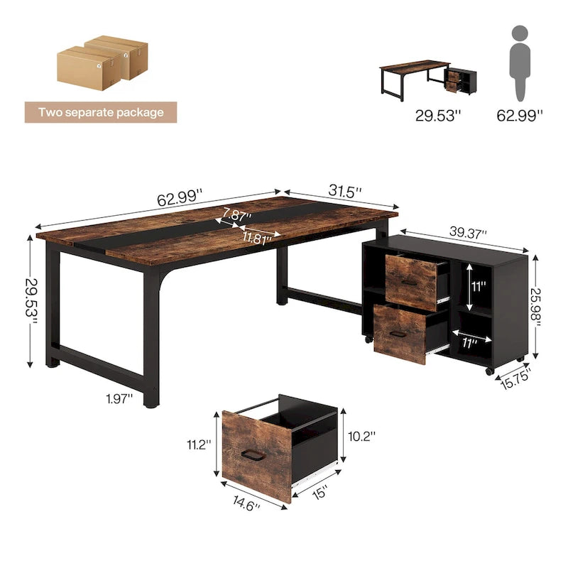 63  Executive Desk with 40  Lateral File Drawer Cabinet Set for Home Office