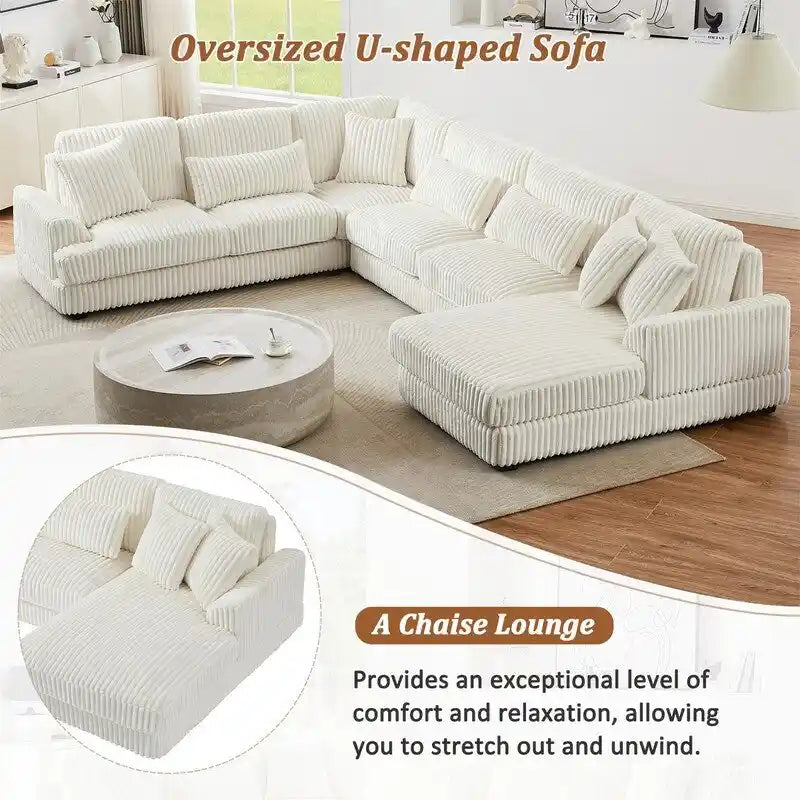 Oversized U-shaped Sectional Sofa with Chaise Lounge, 129  Modern Upholstered Sofa Couch, Corduroy Couch Set for Living Room