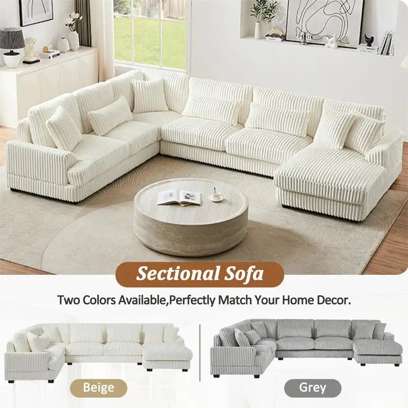 Oversized U-shaped Sectional Sofa with Chaise Lounge, 129  Modern Upholstered Sofa Couch, Corduroy Couch Set for Living Room