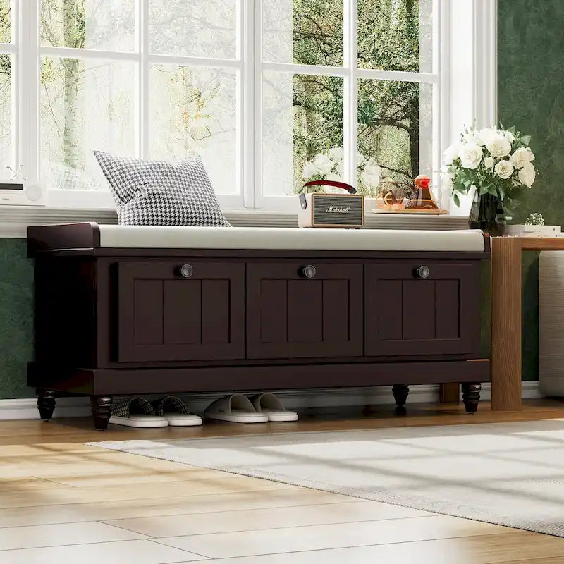 Classic Fluted Shoe Bench with Cushion & 3 Drawers