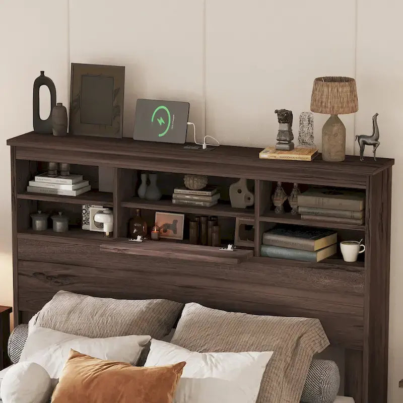 FURNITURE DEMAIN Queen Size Vintage Platform Bed with Storage Headboard and Charging Station