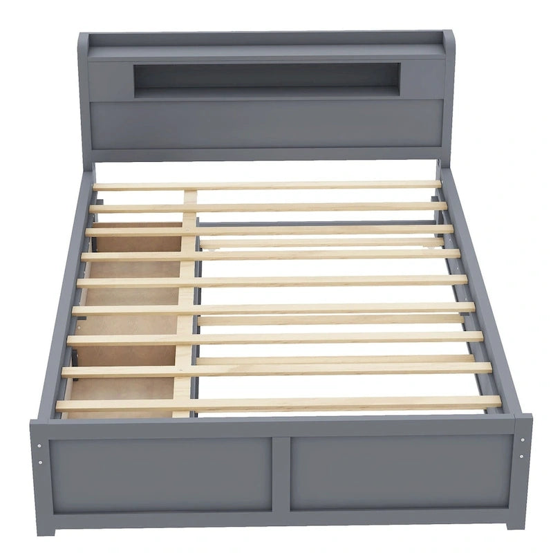 Queen Size Platform Bed with LED Lights & Trundle, Wood Storage Bed Frame with Headboard Shelf & 2 Drawers for Kids Teens Adults