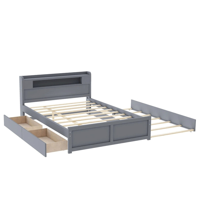 Queen Size Platform Bed with LED Lights & Trundle, Wood Storage Bed Frame with Headboard Shelf & 2 Drawers for Kids Teens Adults