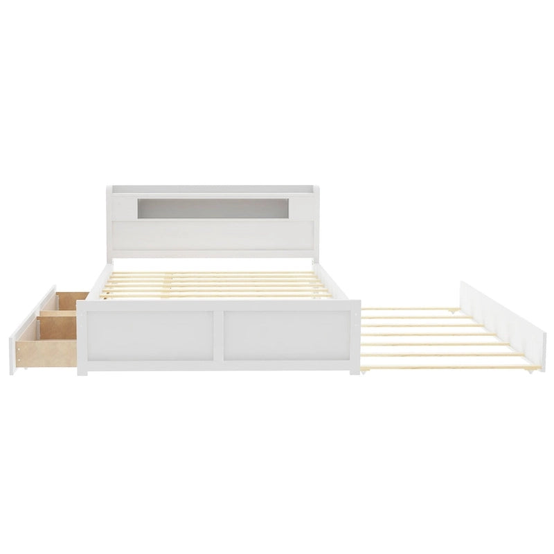 Queen Size Platform Bed with LED Lights & Trundle, Wood Storage Bed Frame with Headboard Shelf & 2 Drawers for Kids Teens Adults