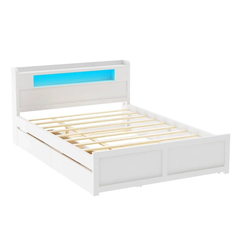 Queen Size Platform Bed with LED Lights & Trundle, Wood Storage Bed Frame with Headboard Shelf & 2 Drawers for Kids Teens Adults