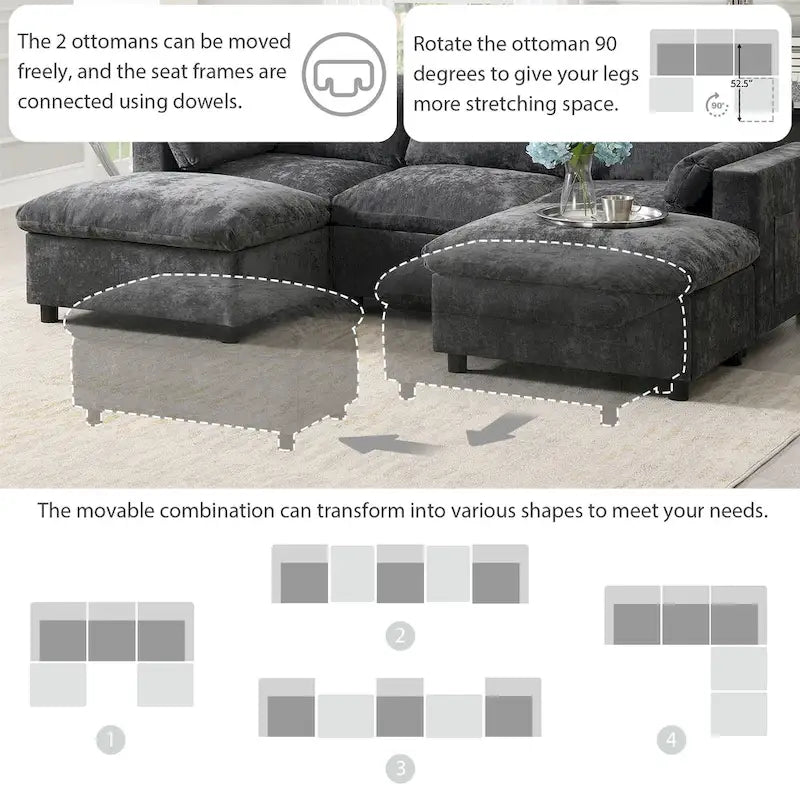 U Shaped Modular Sectional Sofa with Storage Pockets, Pillows, Ottoman