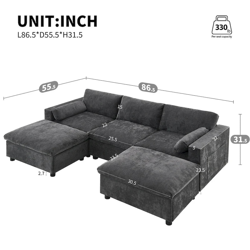 U Shaped Modular Sectional Sofa with Storage Pockets, Pillows, Ottoman