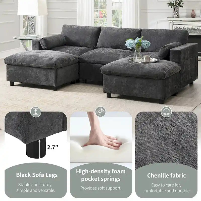 U Shaped Modular Sectional Sofa with Storage Pockets, Pillows, Ottoman