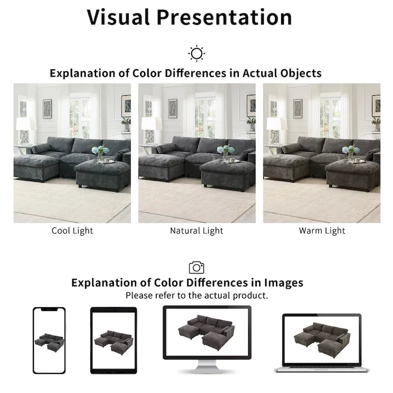 U Shaped Modular Sectional Sofa with Storage Pockets, Pillows, Ottoman