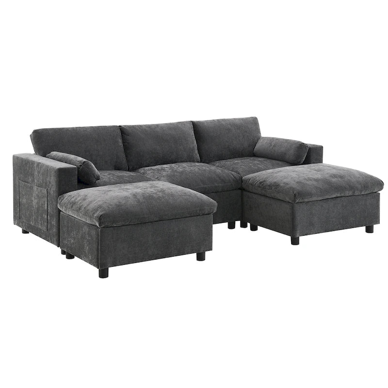 U Shaped Modular Sectional Sofa with Storage Pockets, Pillows, Ottoman