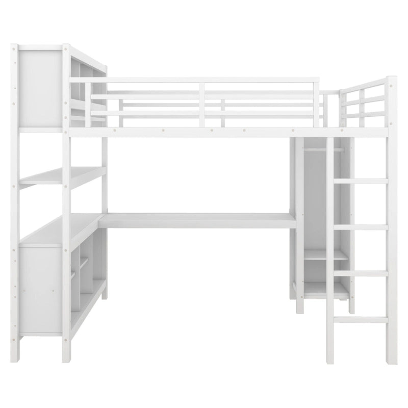 All-in-One Metal Loft Bed with L-Shaped Desk & Wardrobe, Bedrooms Bed Frame with Storage Cubes, Shelves, Full-Length Guardrails