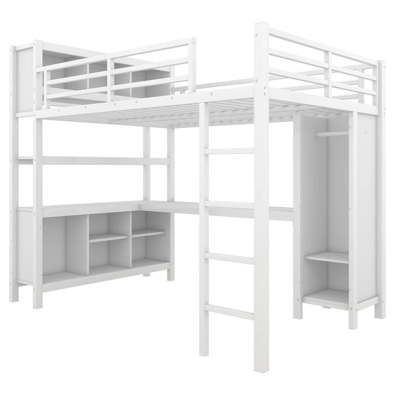 All-in-One Metal Loft Bed with L-Shaped Desk & Wardrobe, Bedrooms Bed Frame with Storage Cubes, Shelves, Full-Length Guardrails