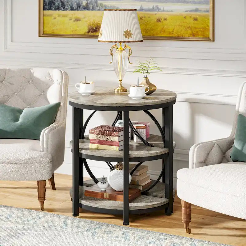 Half Round End Table, 3-Tier Half Side Table with Storage Shelves
