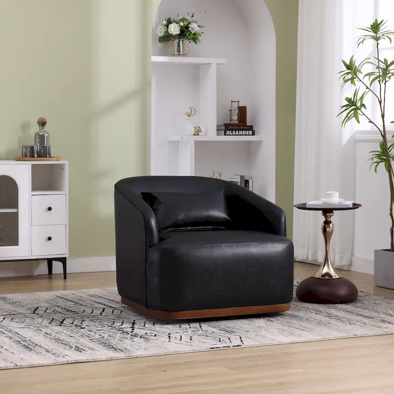 Black PU Modern 31.5  Upholstered 360 Swivel Barrel Chair with Metal Base for Living Room
