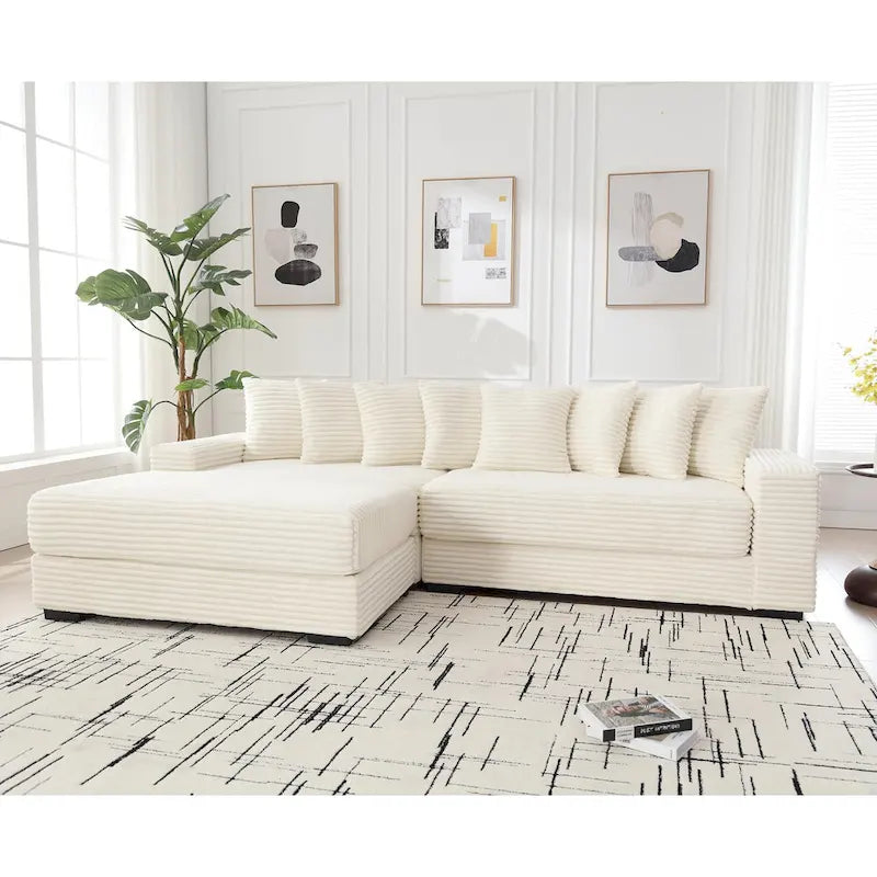 Beige 111  Corduroy L-Shaped Sectional Sofa with Oversized Left Chaise