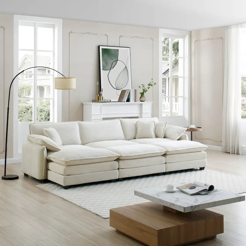 Beige 6-Piece Corduroy Modular Sleeper Sectional Sofa with 3 Ottomans & 5 Pillows