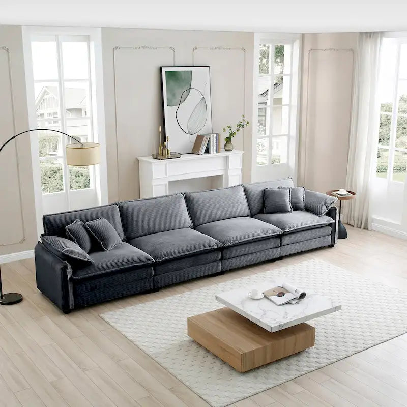 Grey 150  Corduroy 4-Seater Modular Sectional Sofa, 6 Pillows & Free Combination