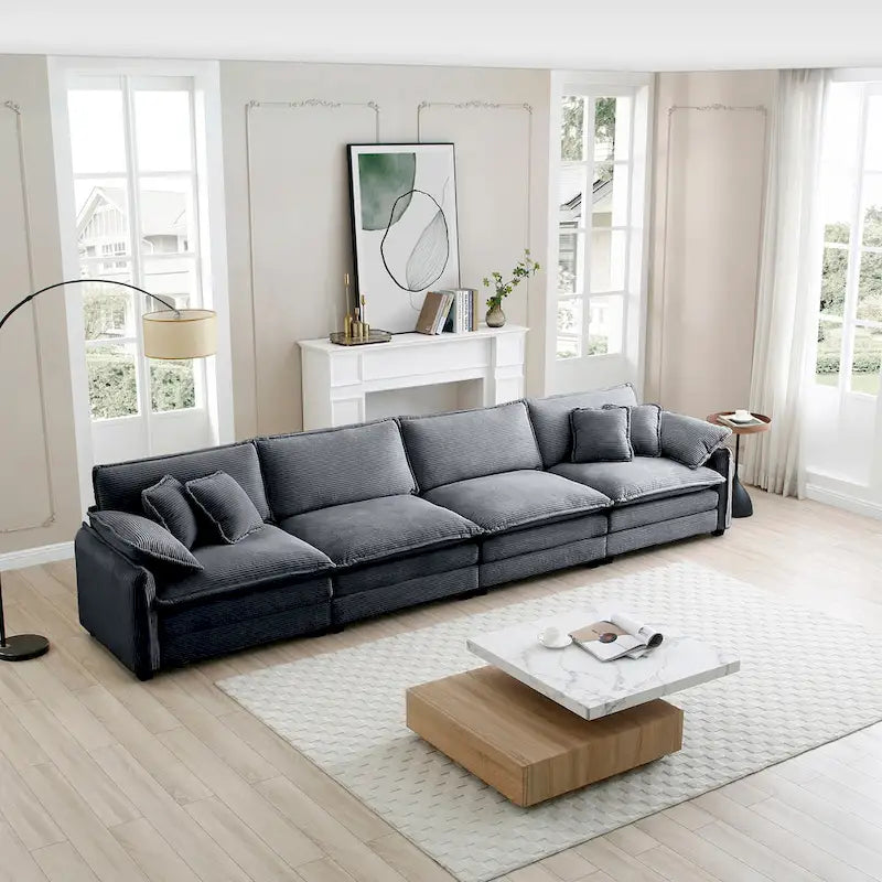 Grey 150  Corduroy 4-Seater Modular Sectional Sofa, 6 Pillows & Free Combination