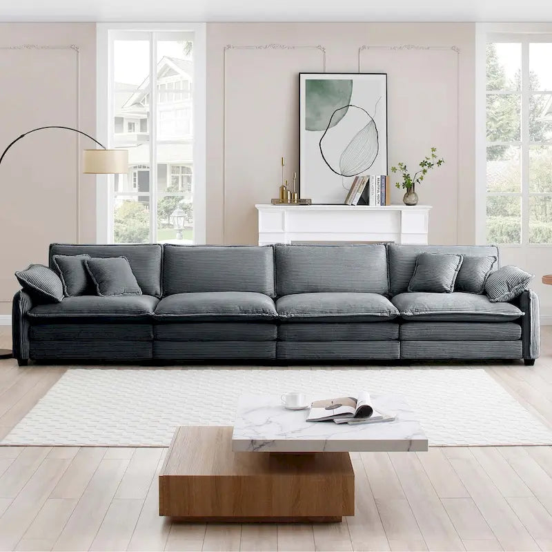 Grey 150  Corduroy 4-Seater Modular Sectional Sofa, 6 Pillows & Free Combination