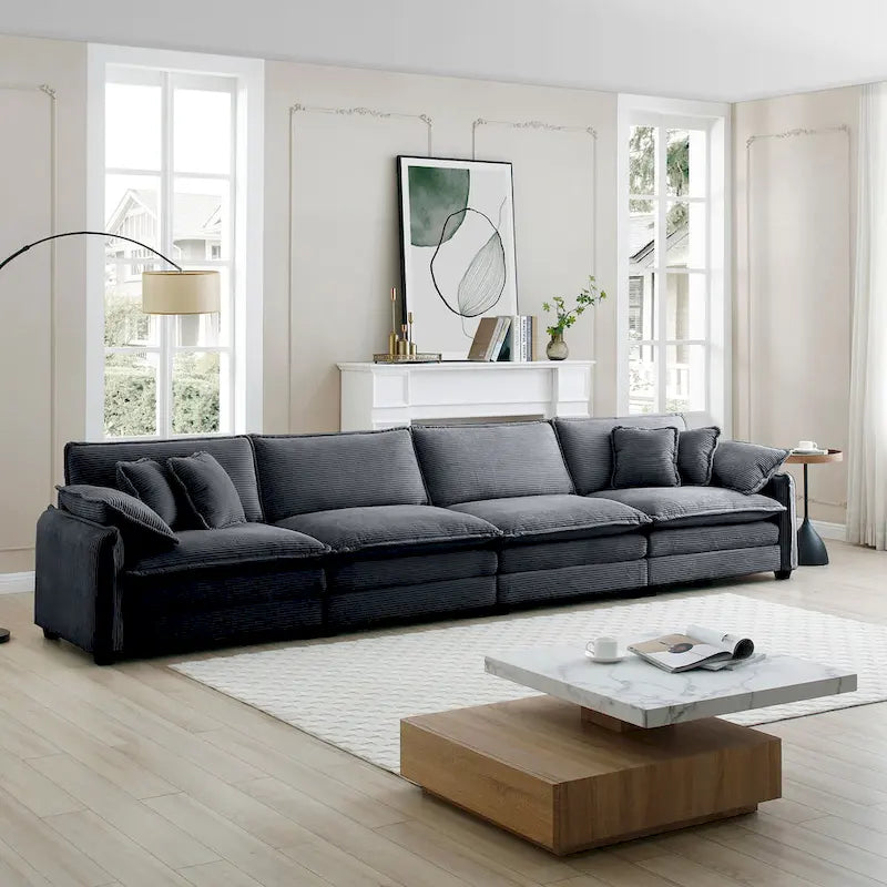 Grey 150  Corduroy 4-Seater Modular Sectional Sofa, 6 Pillows & Free Combination