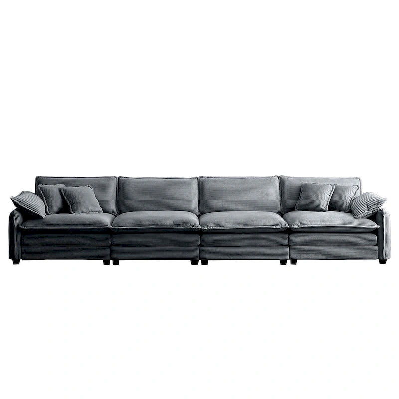 Grey 150  Corduroy 4-Seater Modular Sectional Sofa, 6 Pillows & Free Combination