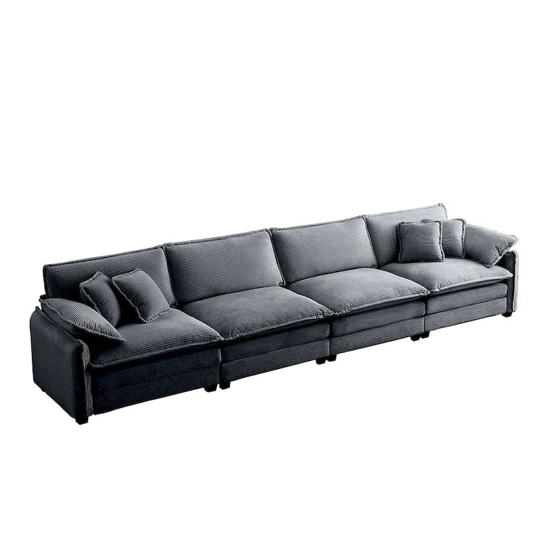 Grey 150  Corduroy 4-Seater Modular Sectional Sofa, 6 Pillows & Free Combination