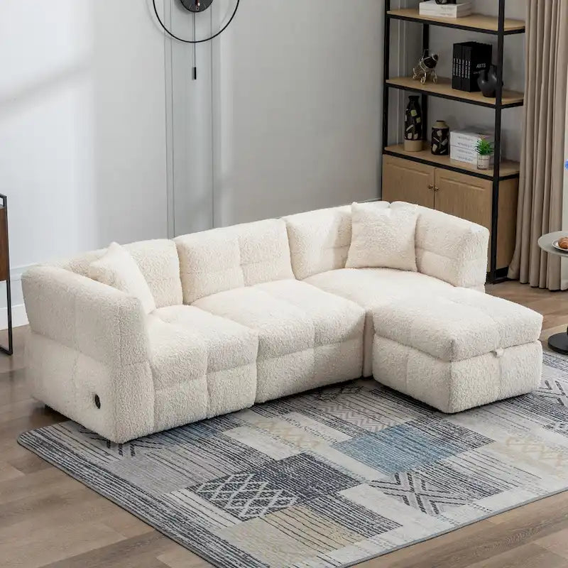 87.7  Fabric 4 Seater Sectional Sofa with Movable Ottoman, 2 USB Ports, and 2 Lumbar Pillows, Ideal for Living Room