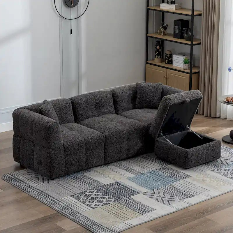 87.7  Fabric 4 Seater Sectional Sofa with Movable Ottoman, 2 USB Ports, and 2 Lumbar Pillows, Ideal for Living Room